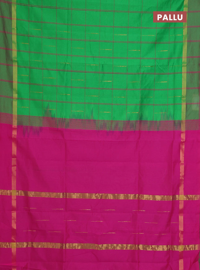 Semi silk cotton saree parrot green and pink with allover checks & zari buttas and zari woven simple border