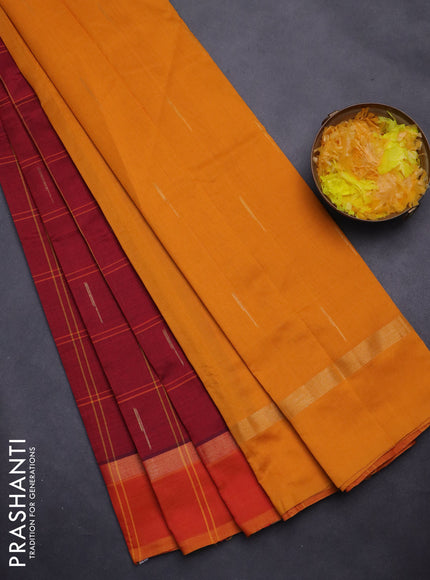 Semi silk cotton saree maroon and mustard yellow with allover checks & zari buttas and zari woven simple border