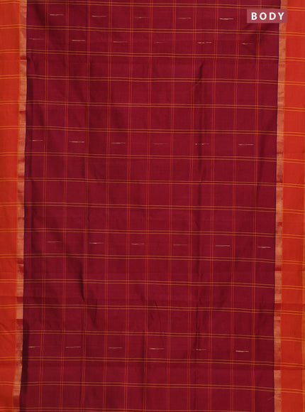 Semi silk cotton saree maroon and mustard yellow with allover checks & zari buttas and zari woven simple border
