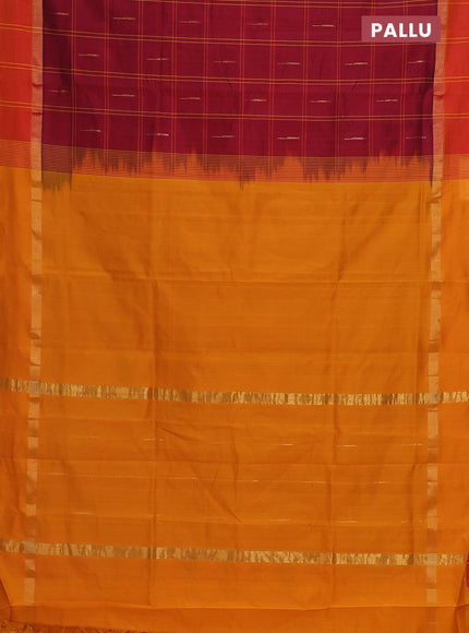 Semi silk cotton saree maroon and mustard yellow with allover checks & zari buttas and zari woven simple border