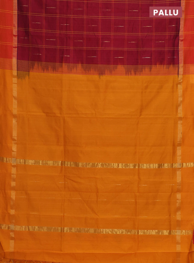 Semi silk cotton saree maroon and mustard yellow with allover checks & zari buttas and zari woven simple border