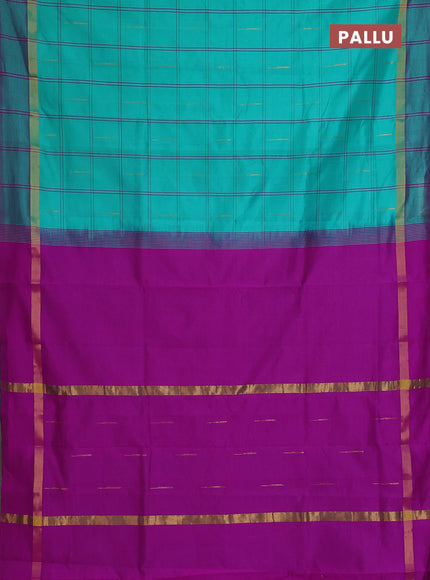 Semi silk cotton saree teal green shade and purple with allover checks & zari buttas and zari woven simple border