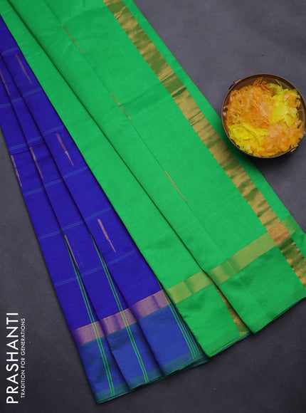 Semi silk cotton saree blue and parrot green with allover checks & zari buttas and zari woven simple border