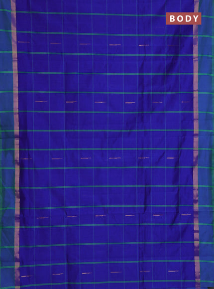Semi silk cotton saree blue and parrot green with allover checks & zari buttas and zari woven simple border