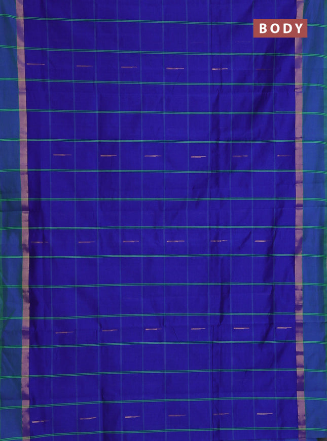Semi silk cotton saree blue and parrot green with allover checks & zari buttas and zari woven simple border