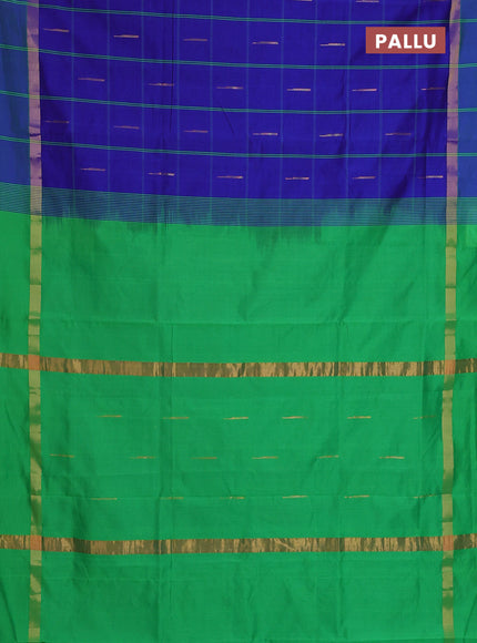 Semi silk cotton saree blue and parrot green with allover checks & zari buttas and zari woven simple border