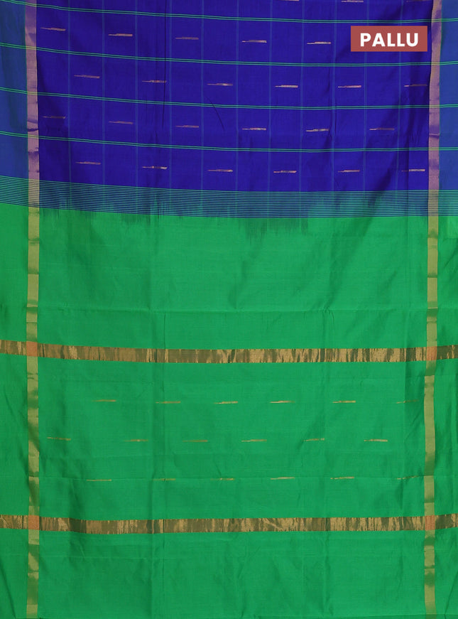 Semi silk cotton saree blue and parrot green with allover checks & zari buttas and zari woven simple border
