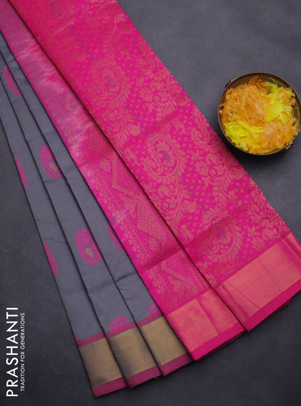Semi silk cotton saree grey and pink with thread & zari woven paisley buttas and zari woven border