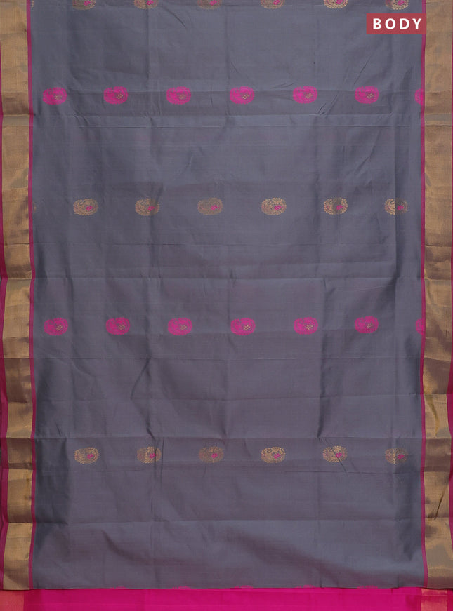 Semi silk cotton saree grey and pink with thread & zari woven paisley buttas and zari woven border