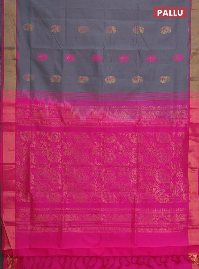 Semi silk cotton saree grey and pink with thread & zari woven paisley buttas and zari woven border