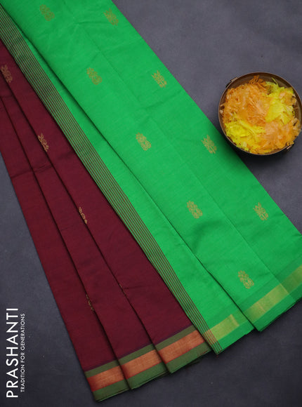 Semi silk cotton saree maroon and green with zari woven buttas and zari woven border