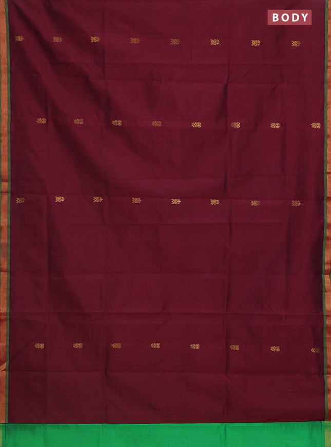 Semi silk cotton saree maroon and green with zari woven buttas and zari woven border