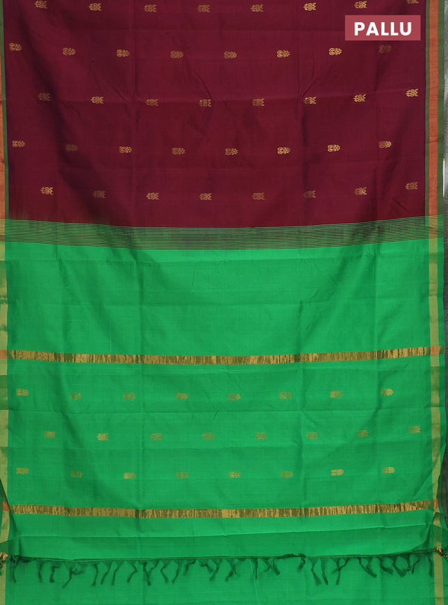 Semi silk cotton saree maroon and green with zari woven buttas and zari woven border