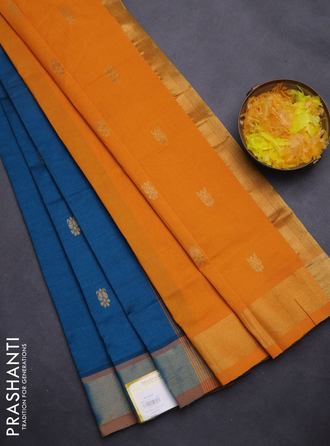 Semi silk cotton saree peacock blue and mango yellow with zari woven buttas and zari woven border