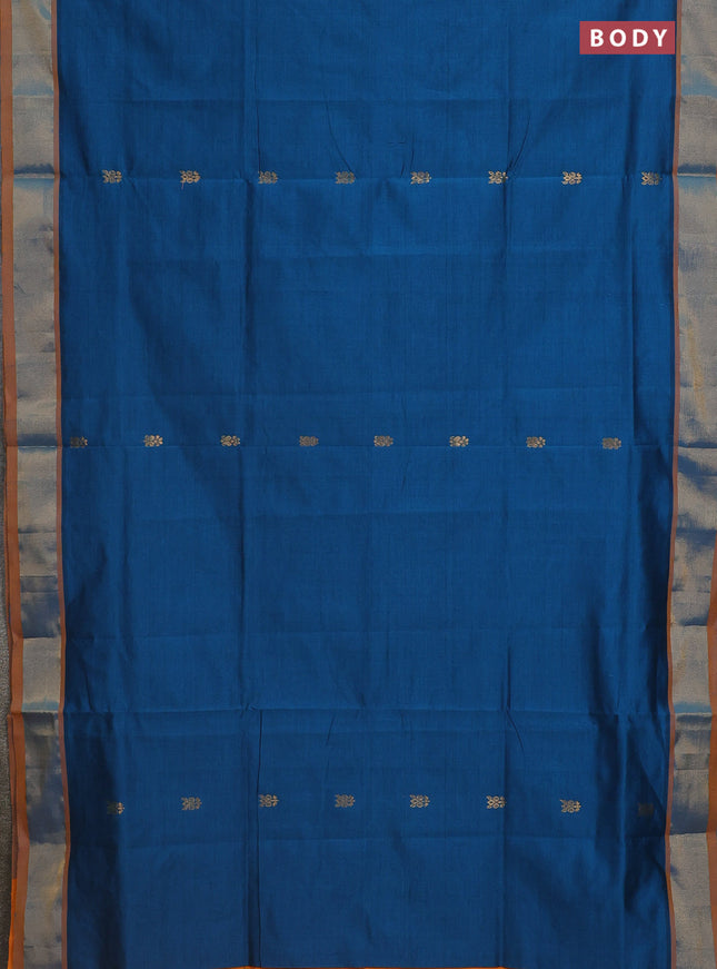 Semi silk cotton saree peacock blue and mango yellow with zari woven buttas and zari woven border