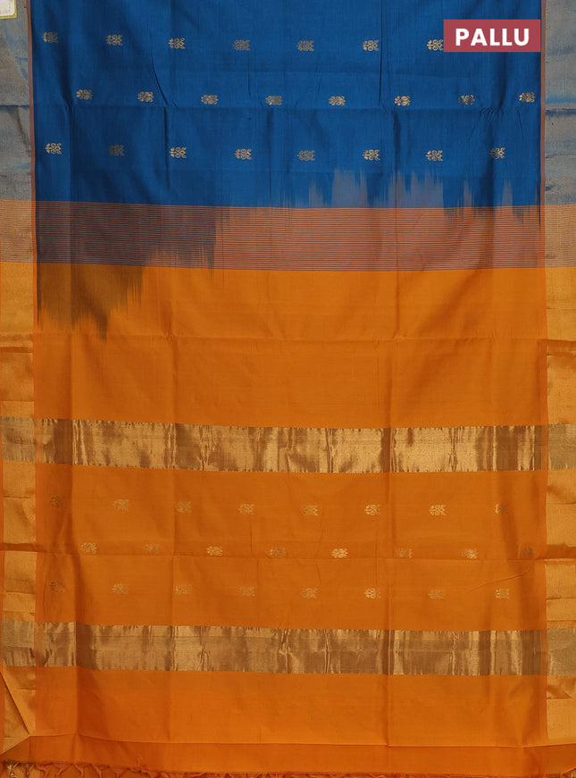 Semi silk cotton saree peacock blue and mango yellow with zari woven buttas and zari woven border