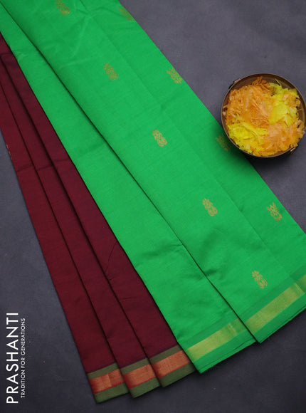 Semi silk cotton saree maroon and green with zari woven buttas and zari woven border