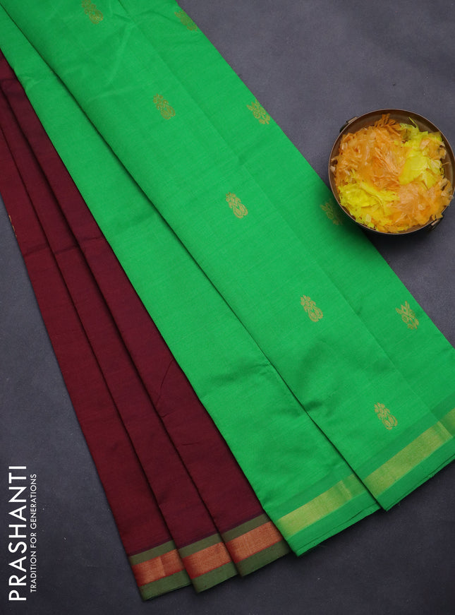 Semi silk cotton saree maroon and green with zari woven buttas and zari woven border