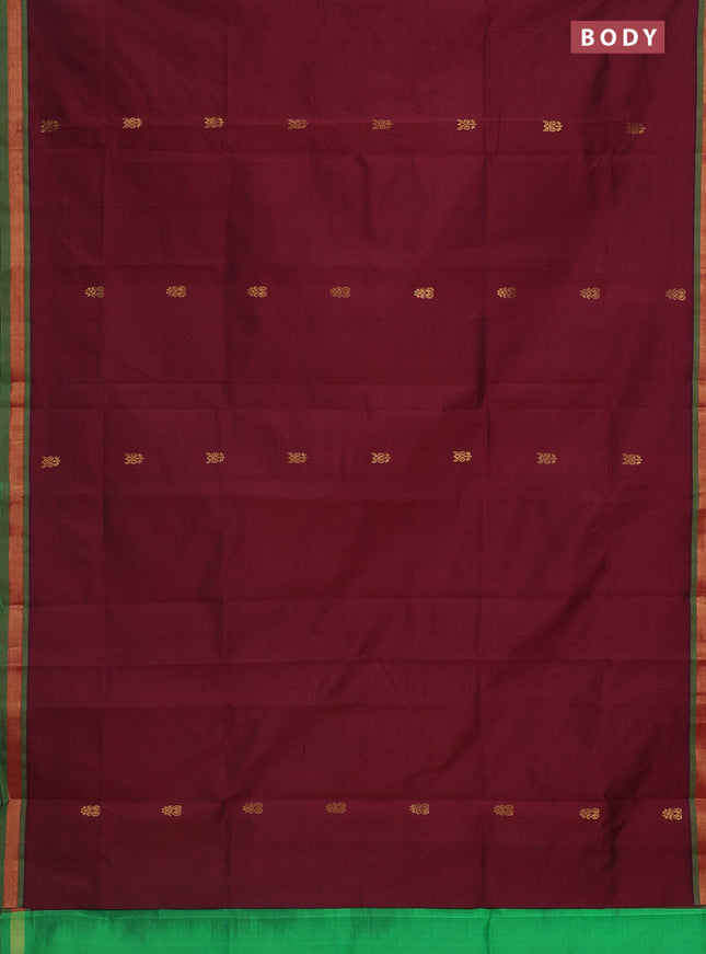 Semi silk cotton saree maroon and green with zari woven buttas and zari woven border
