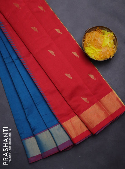 Semi silk cotton saree peacock blue and red with zari woven buttas and zari woven border