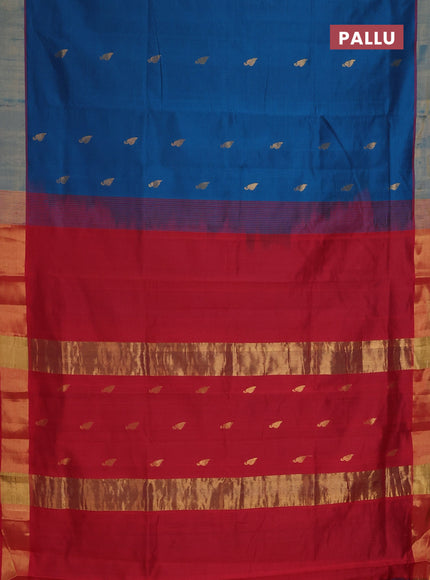 Semi silk cotton saree peacock blue and red with zari woven buttas and zari woven border