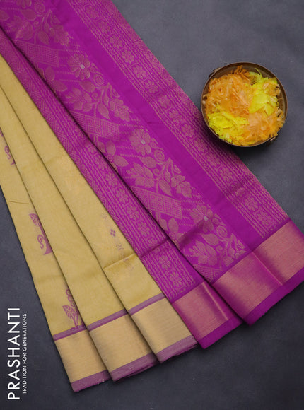 Semi silk cotton saree yellow shade and purple with thread & zari woven buttas and zari woven border