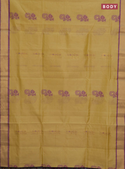 Semi silk cotton saree yellow shade and purple with thread & zari woven buttas and zari woven border