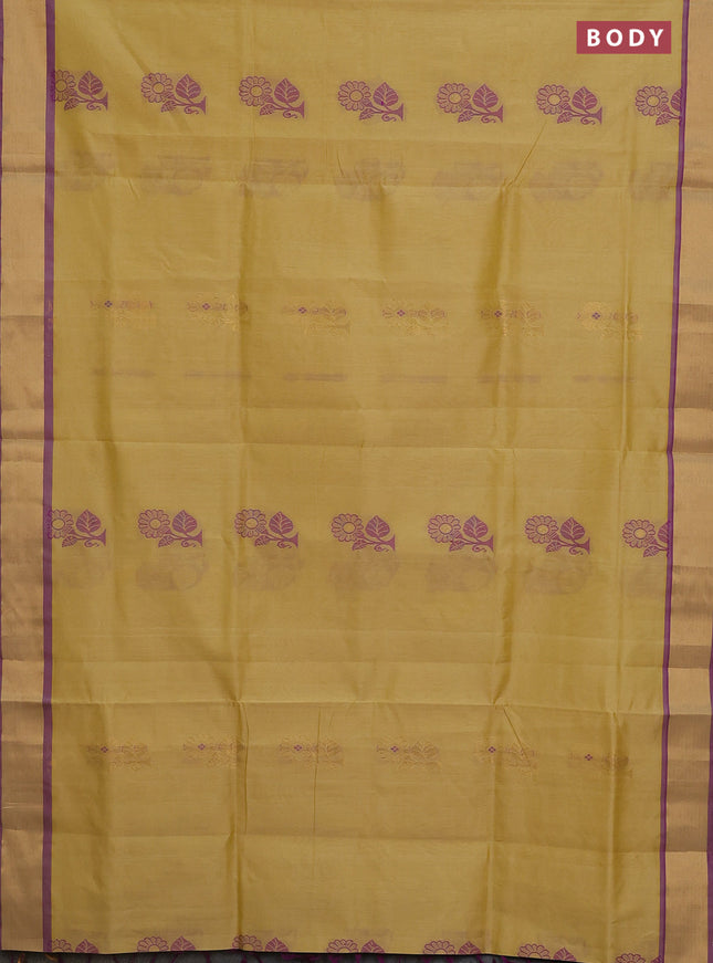 Semi silk cotton saree yellow shade and purple with thread & zari woven buttas and zari woven border