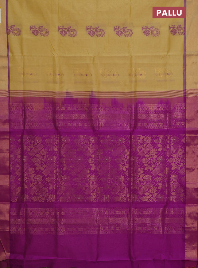 Semi silk cotton saree yellow shade and purple with thread & zari woven buttas and zari woven border