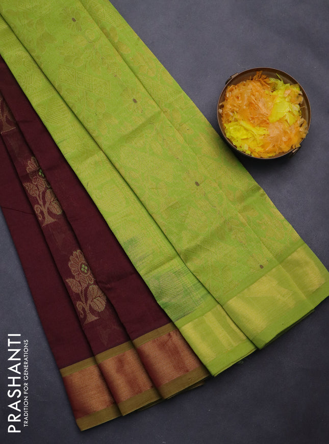 Semi silk cotton saree deep maroon and light green with thread & zari woven buttas and zari woven border