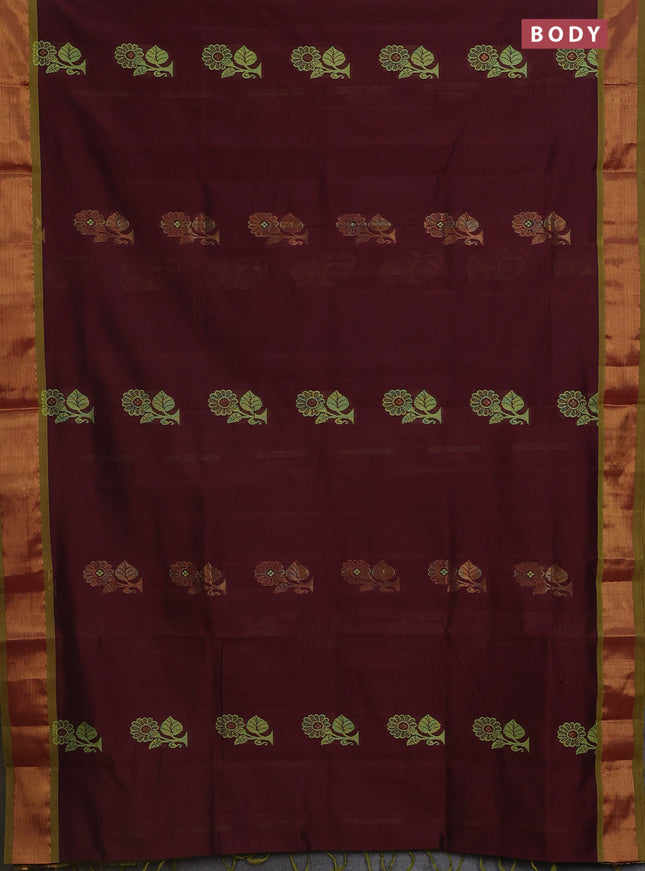 Semi silk cotton saree deep maroon and light green with thread & zari woven buttas and zari woven border