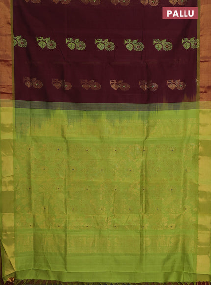Semi silk cotton saree deep maroon and light green with thread & zari woven buttas and zari woven border