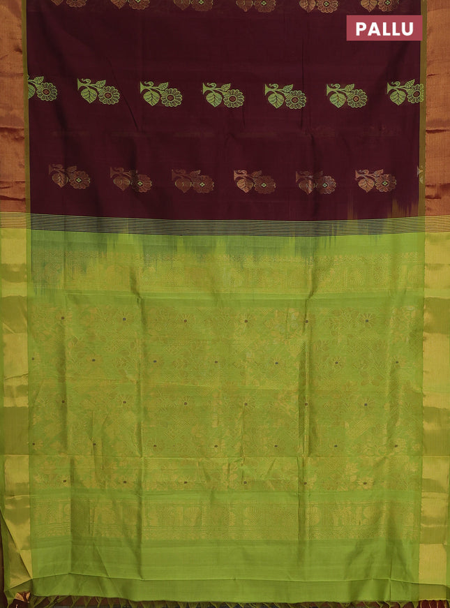 Semi silk cotton saree deep maroon and light green with thread & zari woven buttas and zari woven border