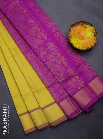 Semi silk cotton saree yellow and purple with thread & zari woven buttas and zari woven border