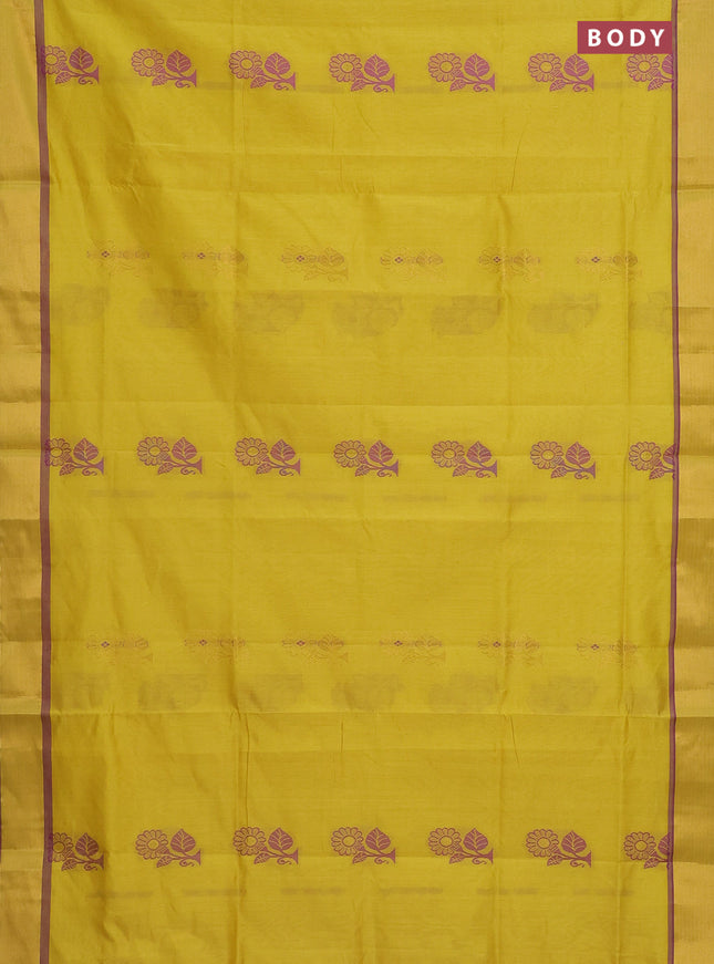 Semi silk cotton saree yellow and purple with thread & zari woven buttas and zari woven border