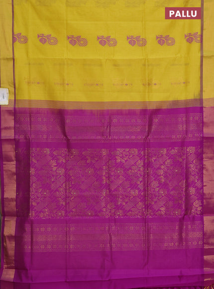 Semi silk cotton saree yellow and purple with thread & zari woven buttas and zari woven border