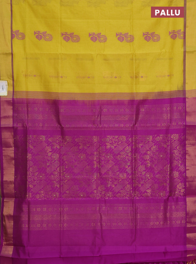 Semi silk cotton saree yellow and purple with thread & zari woven buttas and zari woven border