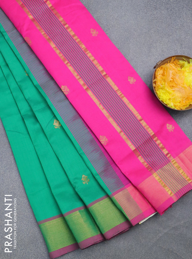 Semi silk cotton saree green and pink with zari woven buttas and zari woven border