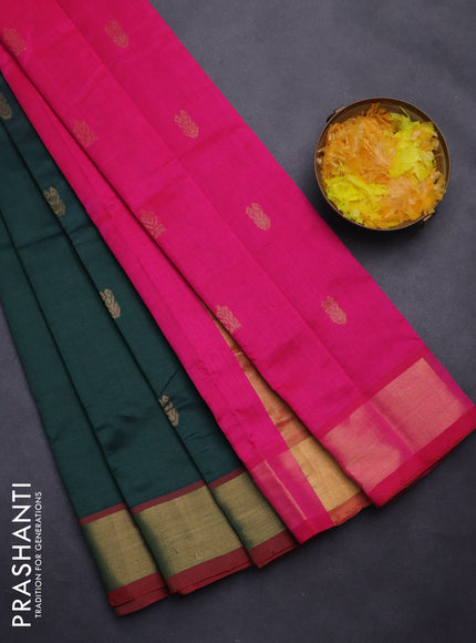 Semi silk cotton saree bottle green and pink with zari woven buttas and zari woven border