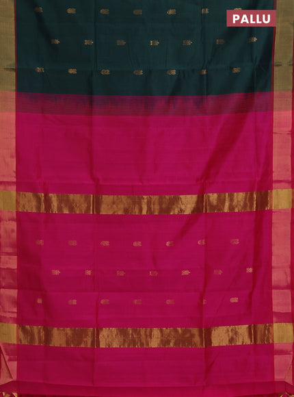 Semi silk cotton saree bottle green and pink with zari woven buttas and zari woven border