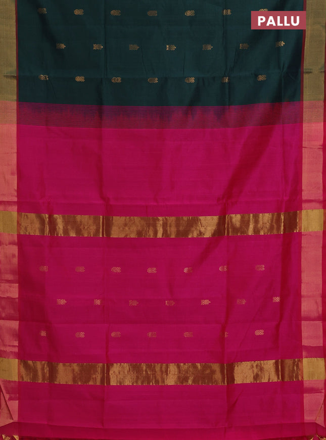 Semi silk cotton saree bottle green and pink with zari woven buttas and zari woven border