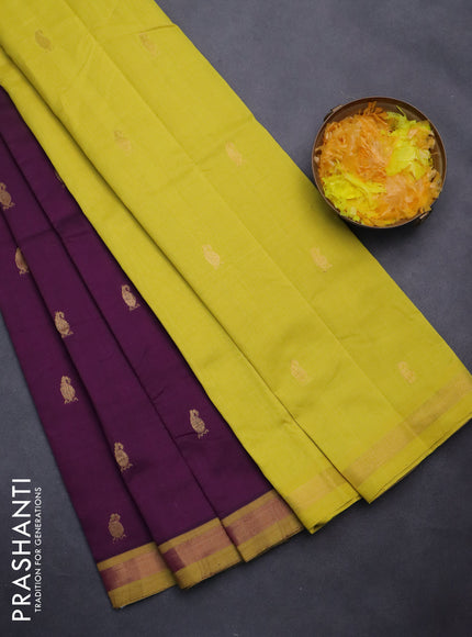 Semi silk cotton saree purple and yellow with zari woven buttas and zari woven border