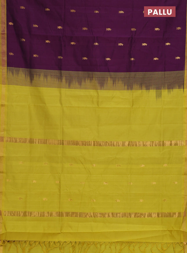 Semi silk cotton saree purple and yellow with zari woven buttas and zari woven border