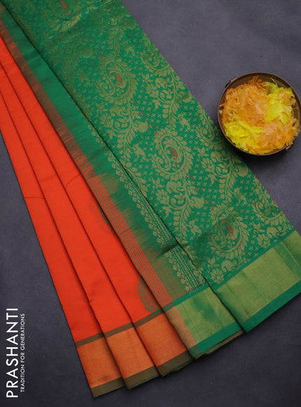 Semi silk cotton saree orange and green with thread & zari woven buttas and zari woven border