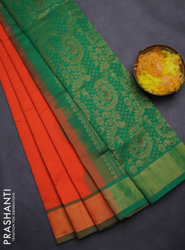 Semi silk cotton saree orange and green with thread & zari woven buttas and zari woven border