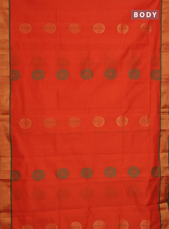 Semi silk cotton saree orange and green with thread & zari woven buttas and zari woven border
