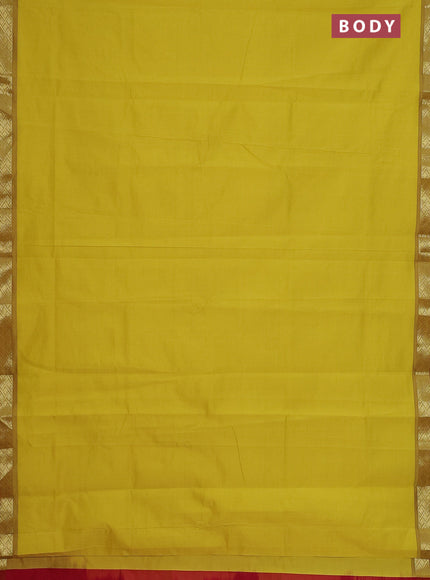 Semi silk cotton saree lime yellow and red with plain body and zari woven border