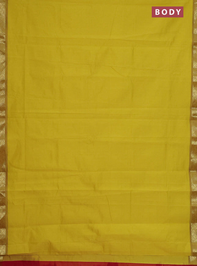Semi silk cotton saree lime yellow and red with plain body and zari woven border