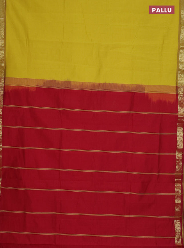 Semi silk cotton saree lime yellow and red with plain body and zari woven border