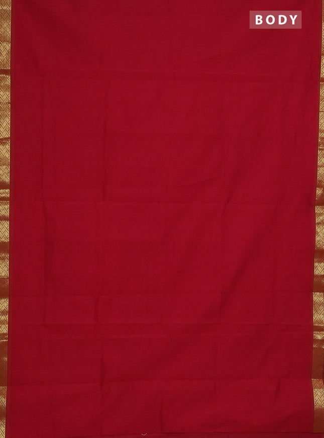 Semi silk cotton saree red and mustard yellow with plain body and zari woven border